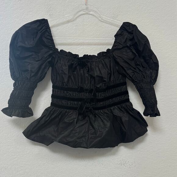 Damaris Bailey Georgia Bow Smocked Puff Sleeve Peplum Top Black - Picture 1 of 5